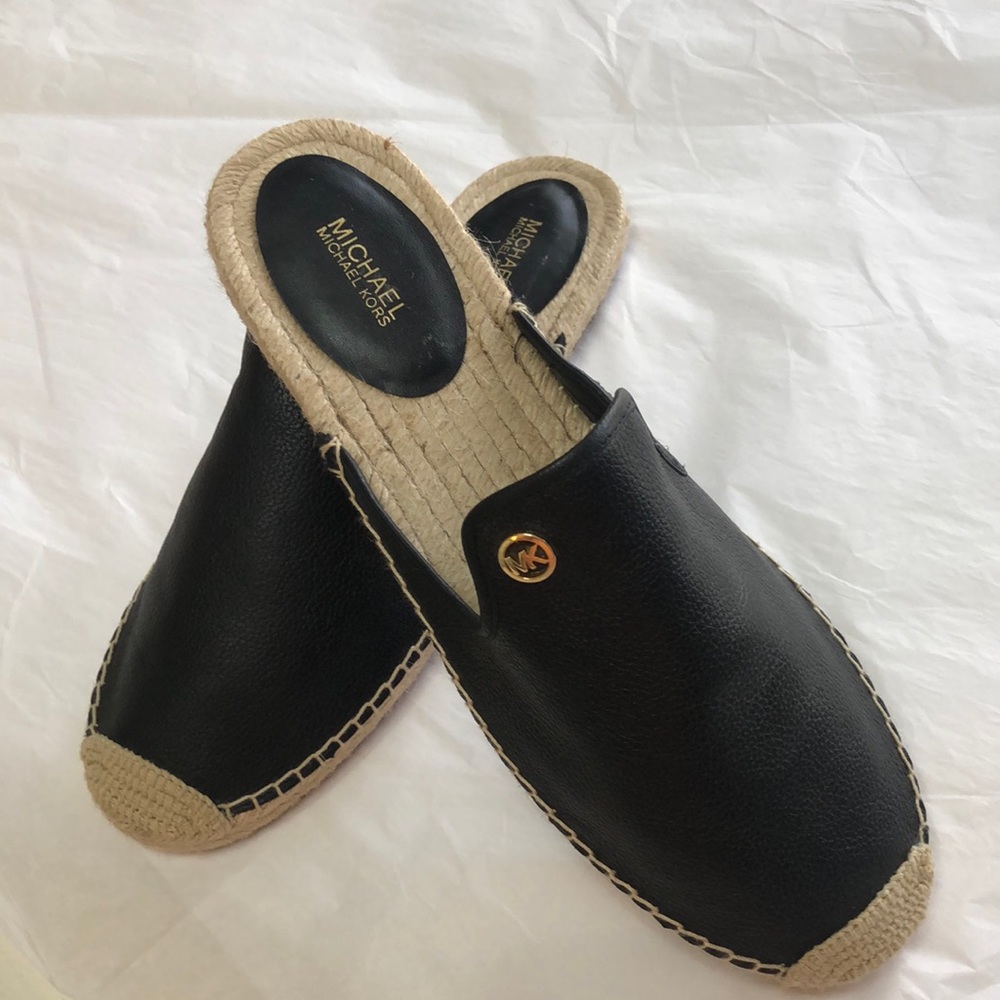 Michael Kors Black Leather Espadrille Slip-On Mules